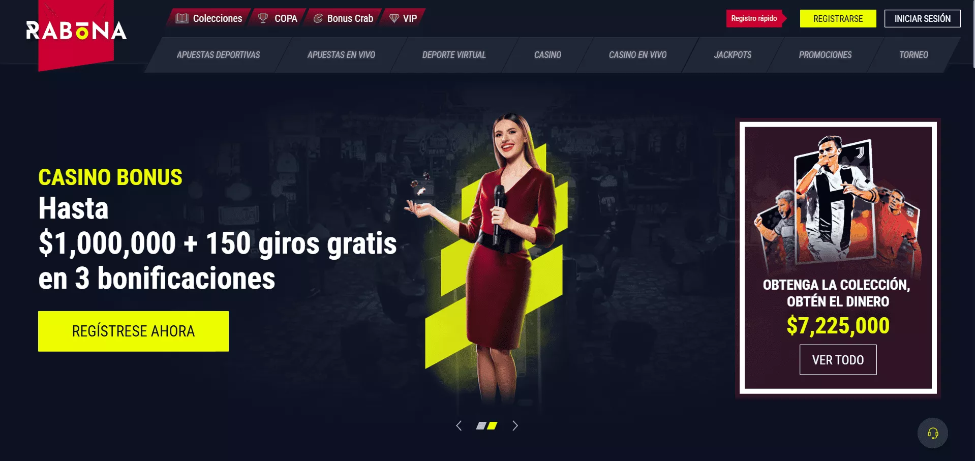 Interfaccia dashboard di Rabona Casino che mostra le sezioni bonus e giochi